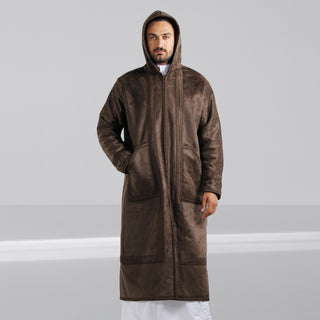 Men's Abaya Lined Fur, Front Zipper Closure, Hooded Cap/ Brown -8630