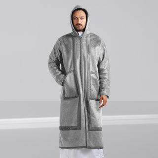 Men's Abaya Lined Fur, Front Zipper Closure, Hooded Cap/ Gray -8629