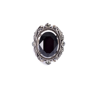Silver colored ring encrusted with black stone and Zircon stones -1289