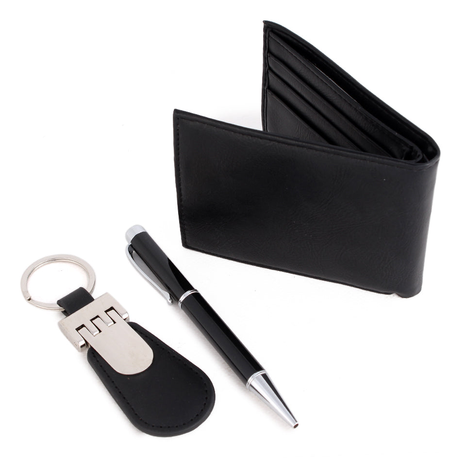 Leather Key Chain Wallet Gift Set Black