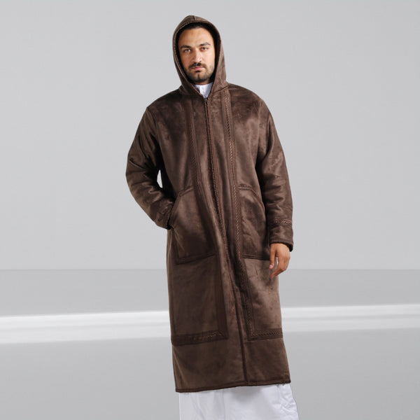 Men's Abaya Lined Fur, Front Zipper Closure, Hooded Cap/ Brown -7907