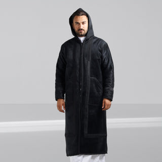 Buy black Men's Abaya Lined Fur, Front Zipper Closure, Hooded Cap, /Black Color -7905