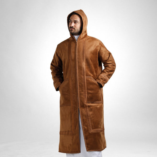 Men's Abaya Lined Fur, Front Zipper Closure, Hooded Cap / Hazel -7903