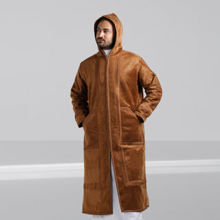 Buy hazel Men's Abaya Lined Fur, Front Zipper Closure, Hooded Cap / Hazel -7903