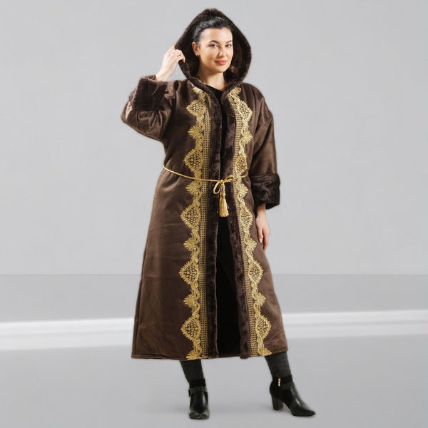 Women's Abaya With Fur Lined, Distinctive Embroidery, belt/ Brown Color -7900