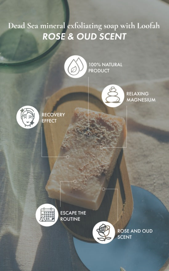 Dead Sea Mineral Scrub Soap with Loofah (Rose & Oud) -404 Dead Sea Mineral Scrub Soap with Loofah (Rose & Oud) -404