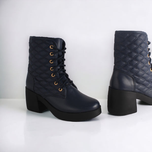 Women's high-heeled winter shoes / navy blue color -8714