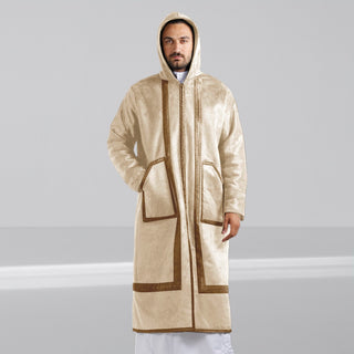 Men's Abaya Lined Fur, Front Zipper Closure, Hooded Cap/beige -8628