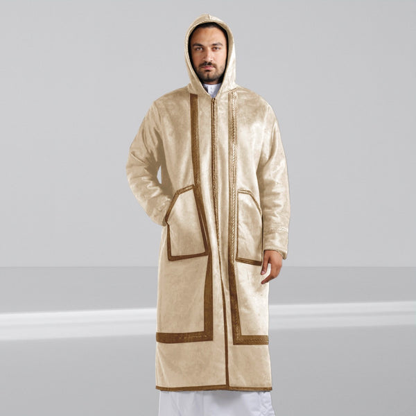 Men's Abaya Lined Fur, Front Zipper Closure, Hooded Cap/beige -8628