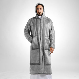 Men's Abaya Lined Fur, Front Zipper Closure, Hooded Cap/ Gray -8629