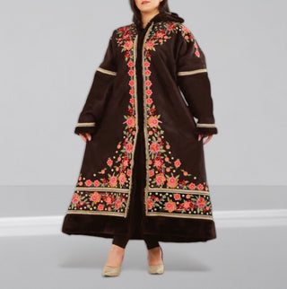 Women's Abaya With Fur Lined, Distinctive Embroidery, zipper closure, hodded cap/ Brown Color -7902