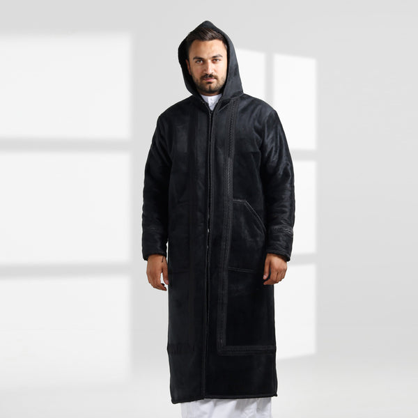 Men's Abaya Lined Fur, Front Zipper Closure, Hooded Cap, /Black Color -7905