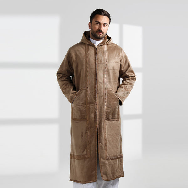 Men's Abaya Lined Fur, Front Zipper Closure, Hooded Cap/ Beige -7904