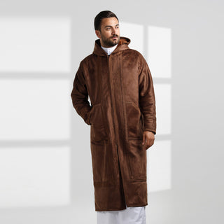 Men's Abaya Lined Fur, Front Zipper Closure, Hooded Cap/Light Brown -7906