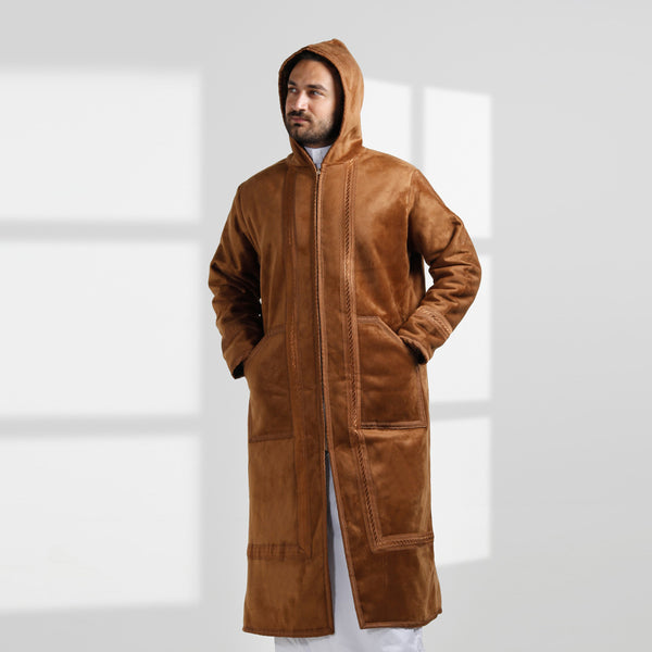 Men's Abaya Lined Fur, Front Zipper Closure, Hooded Cap / Hazel -7903