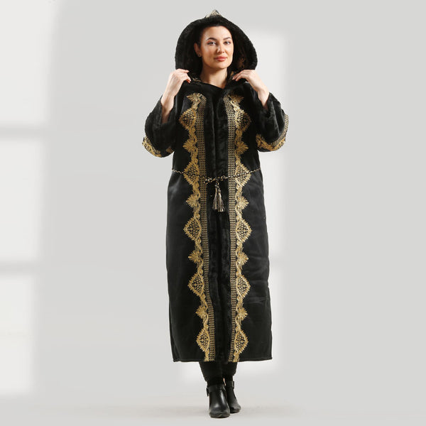 Women's Abaya With Fur Lined, Distinctive Embroidery, belt/ Black Color -7899