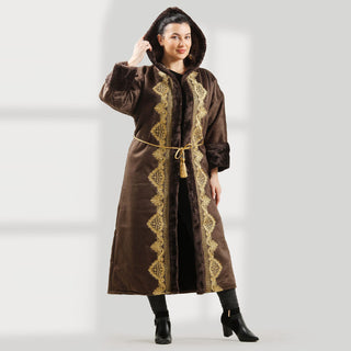 Women's Abaya With Fur Lined, Distinctive Embroidery, belt/ Brown Color -7900
