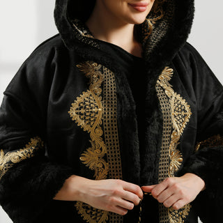 Women's Abaya With Fur Lined, Distinctive Embroidery, belt/ Black Color -7899