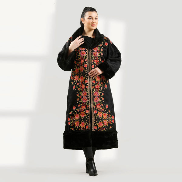Women's Abaya With Fur Lined, Distinctive Embroidery, zipper closure, hodded cap/ Black Color-7901