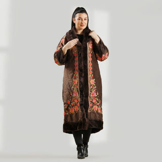 Women's Abaya With Fur Lined, Distinctive Embroidery, zipper closure, hodded cap/ Brown Color -7902