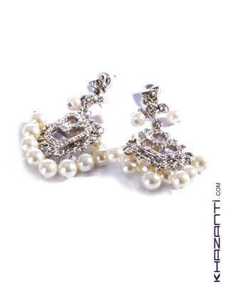 Earrings color silver encrusted with white zircon stones and white pearls  -22