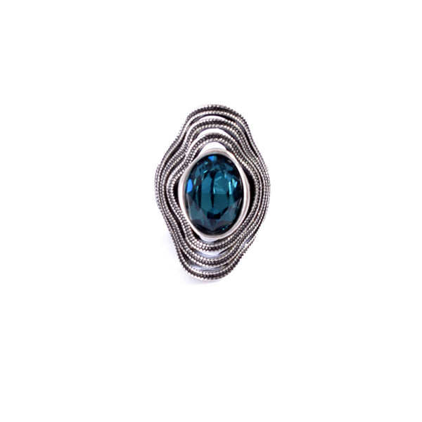 Silver colored ring encrusted with navy Zircon stone -1288
