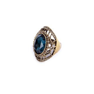 Bronze colored ring encrusted with dark blue stone and small Zircon stones -1293