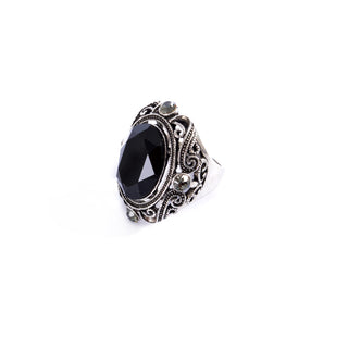 Silver colored ring encrusted with black stone and Zircon stones -1289