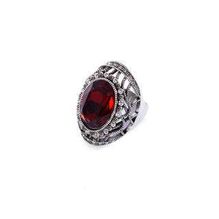 Silver colored ring encrusted with red stone and small Zircon stones -1292