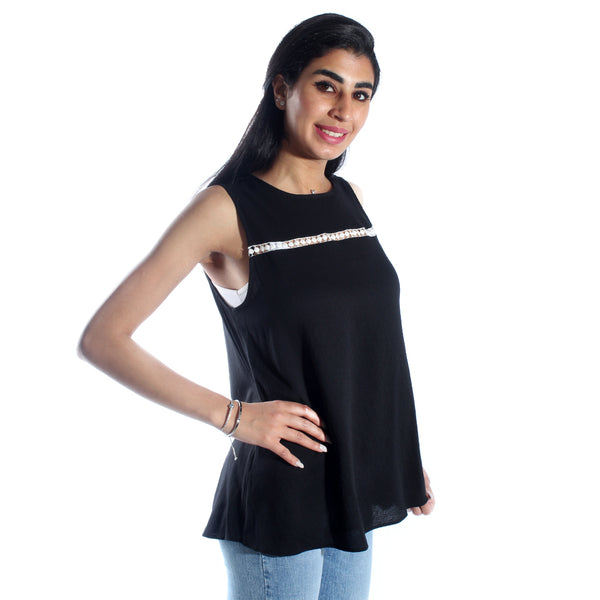 women long lined chiffon t-shirt/black/ cotton made in Turkey -3432