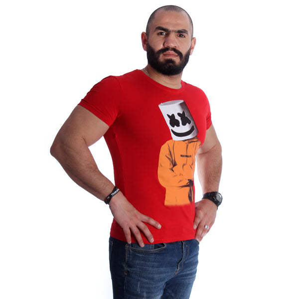 Men Red Printed Round Neck T-shirt -7002