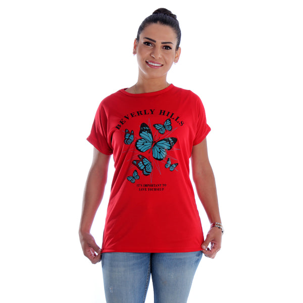 Women red Printed Round Neck T-shirt -7064