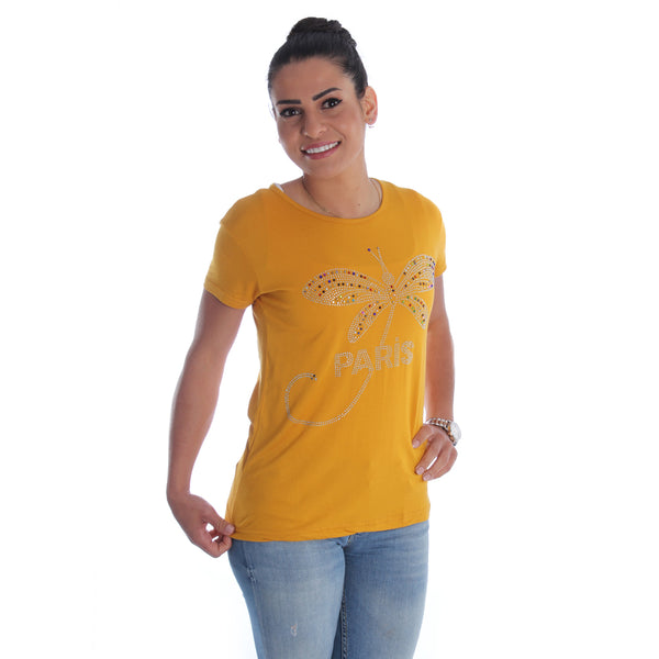 Women yellow Printed Round Neck T-shirt / Made in Turkey -7042