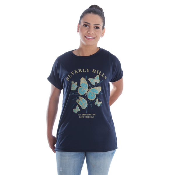 Women navy Printed Round Neck T-shirt -7060