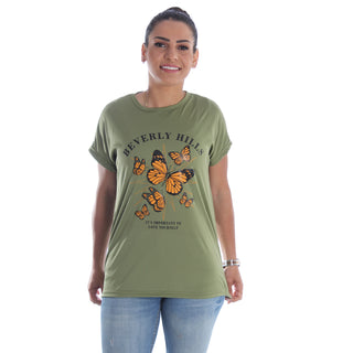 Women green olive Printed Round Neck T-shirt -7062