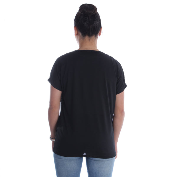 Women black Printed Round Neck T-shirt -7053