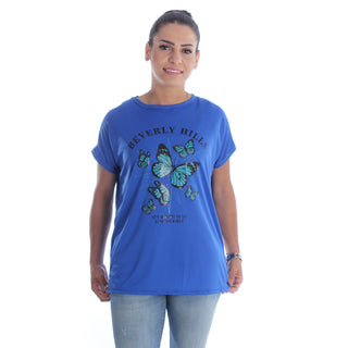 Women blue Printed Round Neck T-shirt -7061