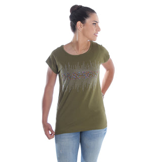 Women green olive Printed Round Neck T-shirt / Made in Turkey -7036