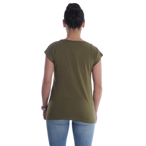 Women green olive Printed Round Neck T-shirt / Made in Turkey -7036