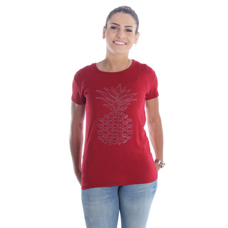 Women burgundy Printed Round Neck T-shirt / Made in Turkey -7031