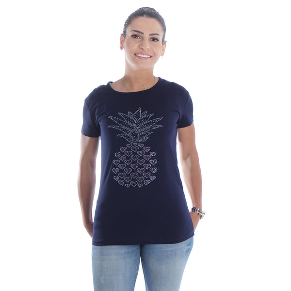 Women navy Printed Round Neck T-shirt / Made in Turkey -7029