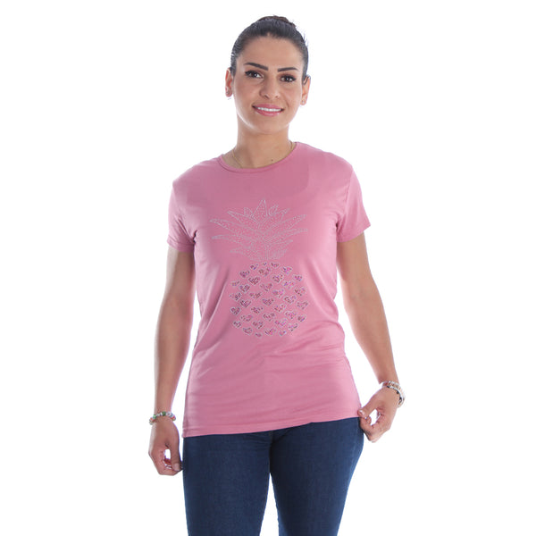 Women pink Printed Round Neck T-shirt / Made in Turkey -7032