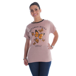 Women beige Printed Round Neck T-shirt -7054