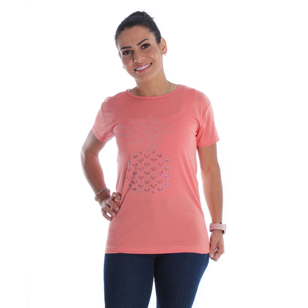 Women peach Printed Round Neck T-shirt / Made in Turkey -7030