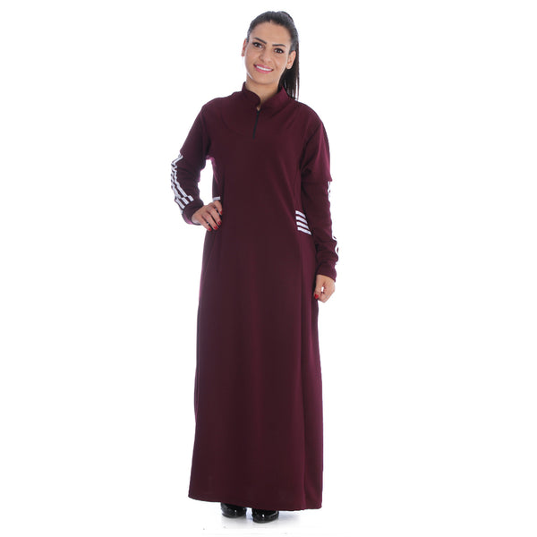 Long Striped Sports Dress / burgundy - free size -7088