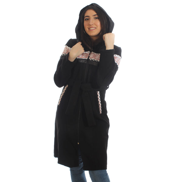 Long coat with removable hoodie/ black -5897