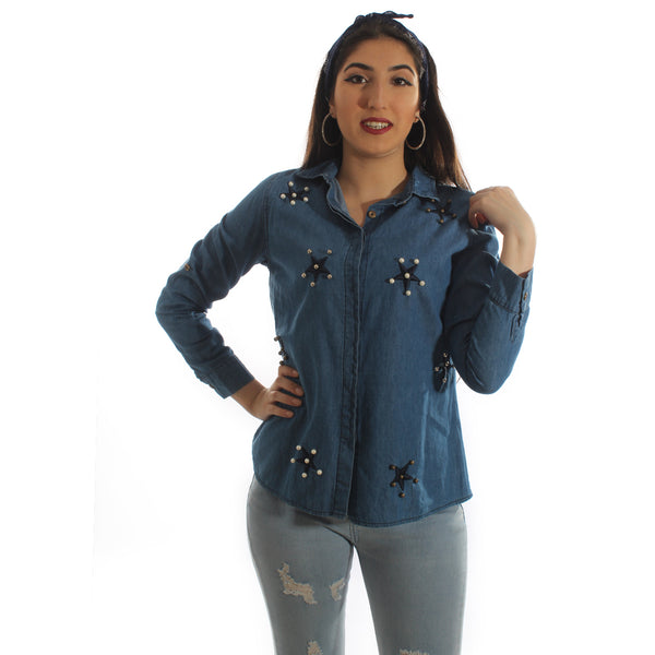 women jeans shirt/ blue/ cotton+ plyester/ made in Turkey -3457